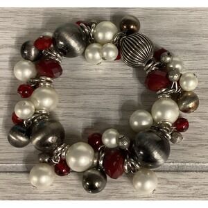 Silvertone Bracelet w/ Faux Pearls & Red Beads Textured‎